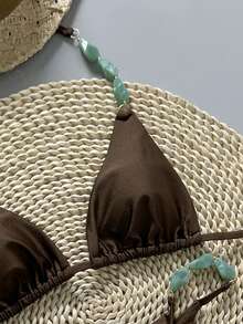 Swim Vcay 2026春夏款细肩带棕绿色树脂珠饰高开衩丁字裤比基尼两件套泳衣（女款） - 棕色 - 查看 3