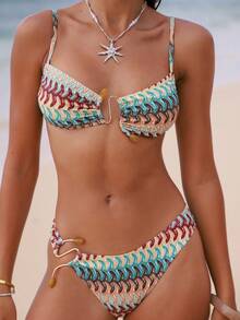 Swim Vcay Conjunto de bikini geométrico con estampado elegante y romántico para vacaciones en la isla, decoración de acrílico y metal - Multicolor - Ver 8