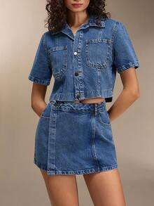 SHEIN 女士牛仔两件套短裙和露脐衬衫款式牛仔套装 - 中等水洗藍 - 查看 3