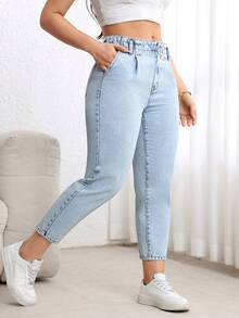 EMERY ROSE Plus Size Women's Casual Denim Tapered Pants, Non-Stretch, Discounted - Light Wash - View 5