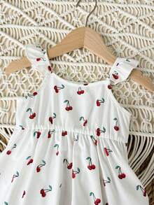 Baby Girl Cherry Print Sleeveless Mini Dress, Casual Summer - White - View 5