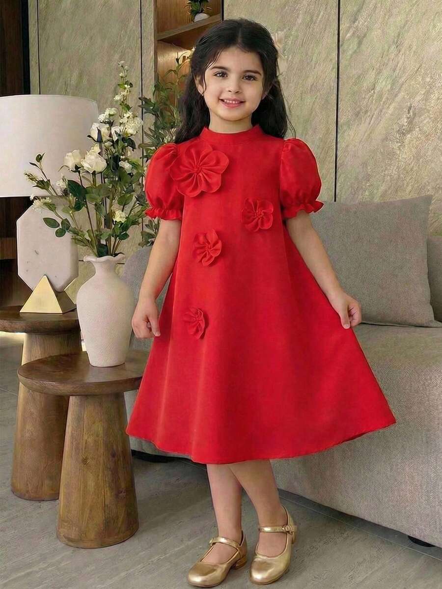 SHEIN Young Girl Elegant Cute Red 3D Floral Short Sleeve Dress  Young Girl Floral Print Patchwork Simple Long Sleeve Casual Arabian Dress Young Girl's Spring/Summer N Style Matching Family Vacation, Tween Girl / Baby Girl Jalabiya.Vintage Red Rose Ditsy Floral Mixed Print Cap Sleeve A-Line Dress, With Golden Woven, National Ditsy Floral Print Dress, Mom And Daughter & Sisters Matching. Arabian Robe, Elegant Floral Collar, Traditional Long-Sleeved Arabian Dress, Elegant And Dignified , Prayer Robe, Dignified Kaftan Robe, Children's Arabian Robe Red Three-Dimensional Floral Dress - Multicolor - View 1