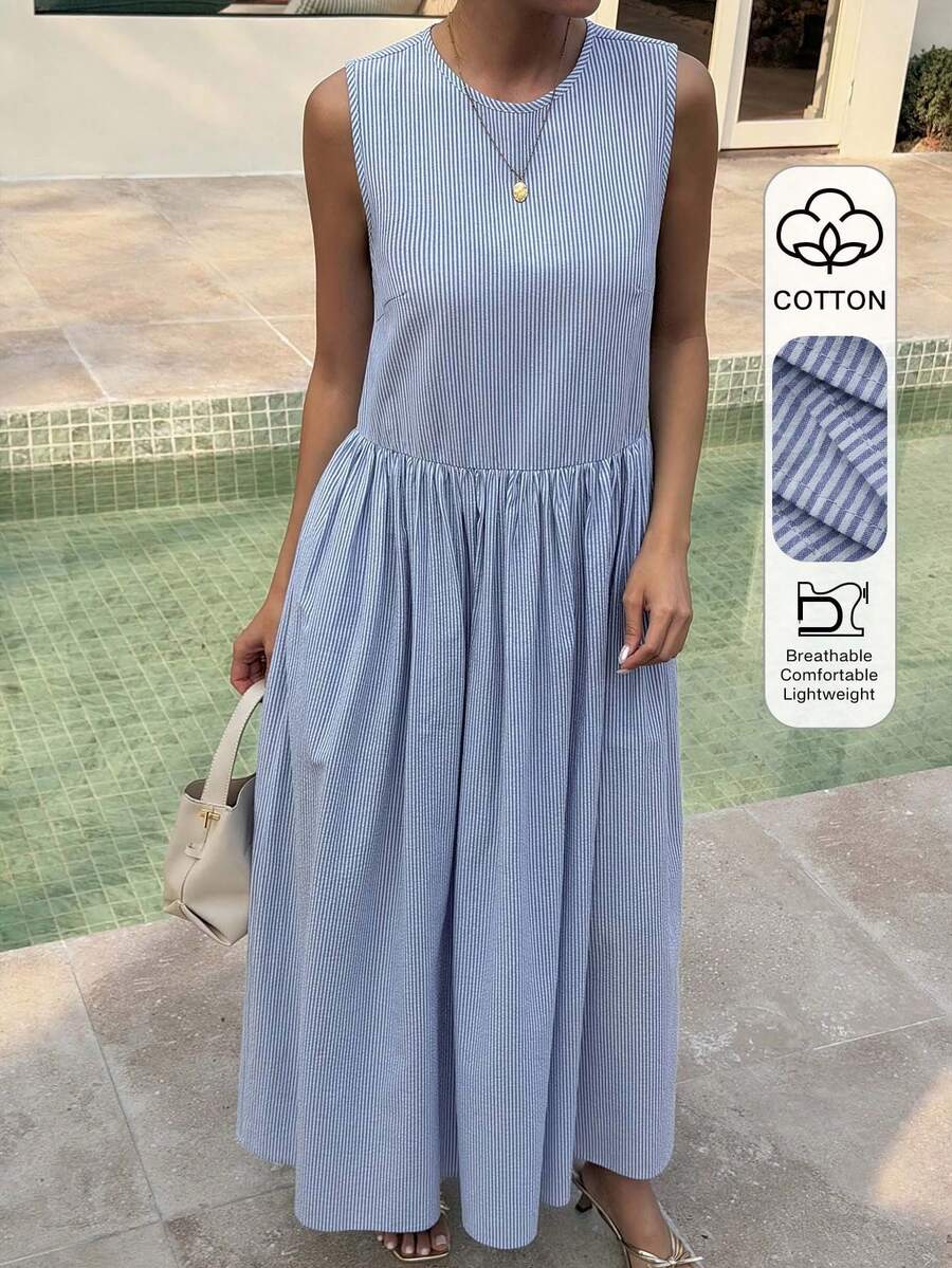 Livesso Vestido midi sin mangas de algodón a rayas para vacaciones en la playa - Azul - Ver 1