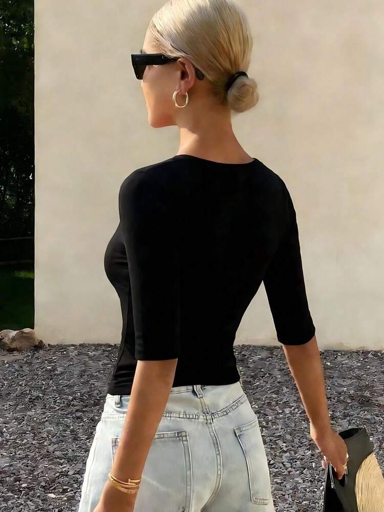 Women's Summer Square Neck Fitted Ribbed Casual Short Sleeve T-Shirt