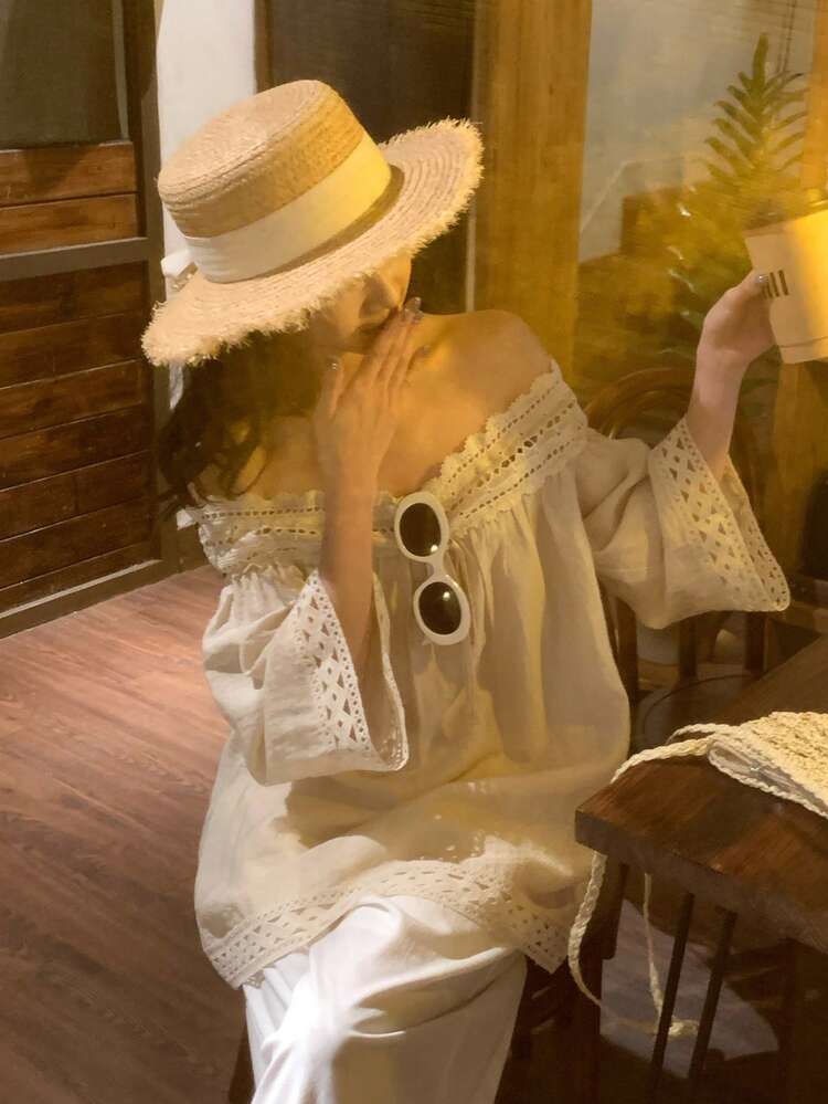 Women's Casual Off-Shoulder Blouse With Lace Trim, Loose Fit, 3/4 Sleeve, Suitable For Spring And Summer Boho