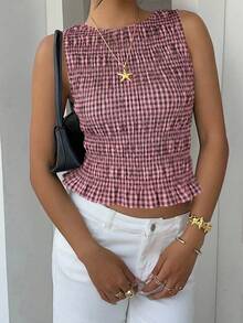 Siren Gaze 女士粉色格子美学褶皱无袖背心，荷叶边下摆，休闲夏季格子褶皱背心，无袖圆领粉色格子美学褶皱上身，女士格子上衣，方领上衣，粉色上衣，夏季女士服装，沙滩装，外出上衣，度假装，女士休闲装 - 粉色 - 查看 6