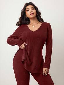 Enliva 大码休闲家居服简约露肩罗纹两件套，秋冬皆宜，适合圆润身材曲线 - 酒紅色 - 查看 6