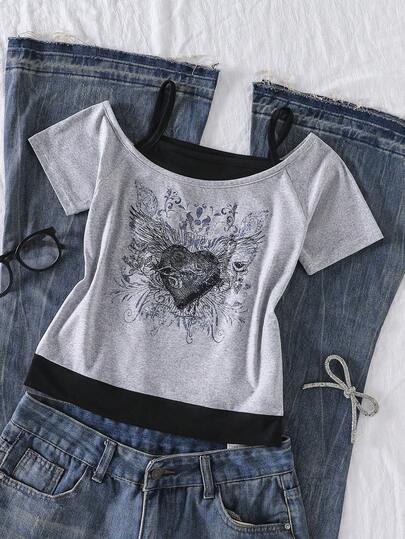 SHEIN ChillGRL Tween Girl Casual 2 In 1 Streetwear T-Shirt, This T-Shirt Features Letter Slogan And Car Graphic Prints, With Cold Shoulder Short Sleeves Design, Suitable For Summer Leisure Activities, Shopping And Photo-Taking.