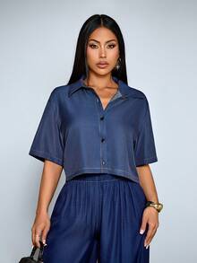 SOLERSUN Áo nữ tay ngắn, cài cúc đơn, màu trơn, chất liệu giả denim, có tay áo loe, phù hợp để mặc đi làm hoặc đi nghỉ mát. - Màu xanh hải quân - Xem 7