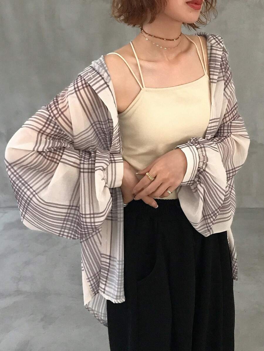 FRIFUL 女士条纹落肩长袖宽松休闲衬衫 - 米色 - 查看 1