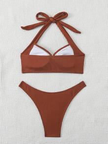 Swim Basics 夏季沙滩女士纯色挂脖式文胸和泳裤比基尼套装泳衣棕色比基尼两件式比基尼 - 紅木色 - 查看 2
