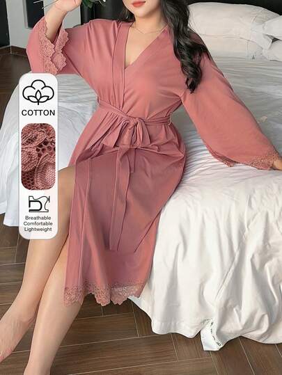 Dazy Plus Plus Size Women Lace Patchwork Comfortable Knit Fabric Loose Tie-Waist Elegant Solid Color Robe, Spring/Summer