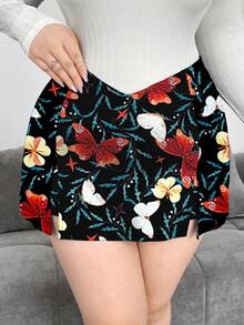 Flirla Plus Size V-Waist Front Slit Butterfly Print Culottes For Women - Multicolor - View 3