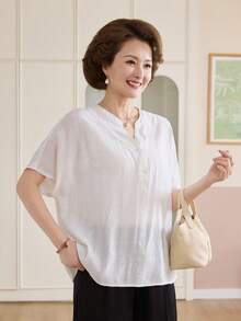 Vivie Lora Women's Solid Color V-Neck Loose Half-Placket Batwing Short Sleeve Blouse - White - View 3