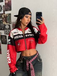 SHEIN HypeZone 街头风女式赛车风格字母印花短款长袖夹克 - 紅色 - 查看 1