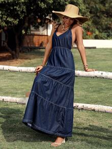 Breezaya Women's Backless Spaghetti Strap Extra Long Denim Dress, Vacation - Dark Wash - View 3