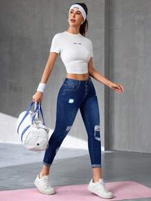 SHEIN Tall 女士纽扣前袋做旧修身休闲牛仔裤 - 藍色 - 查看 7