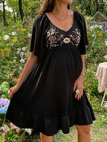 SHEIN Embroidered Maternity Casual Short Sleeve Dress - Black - View 3