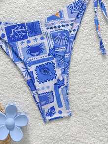 Soleia Peacock Blue Knit Metallic Thread V-Neck Shell Chain Decor Tie-Up 2 Pieces Bikini Set For Beach Vacation - Baby Blue - View 6