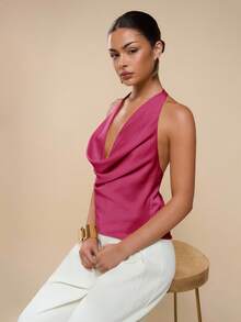 COSMINA Blusa de mujer de unicolor con diseño de nudo en el frente y cuello halter, versátil y sexy - Rosa Fucsia - Ver 7