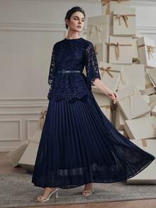 Anewsta Navy Blue New Arrival Embroidered Lace Fabric Mid-Sleeve Flare Sleeve Cinched Waist Waist Pleated Maxi Elegant Dress For Women, Spring/Summer - Navy Blue - View 4