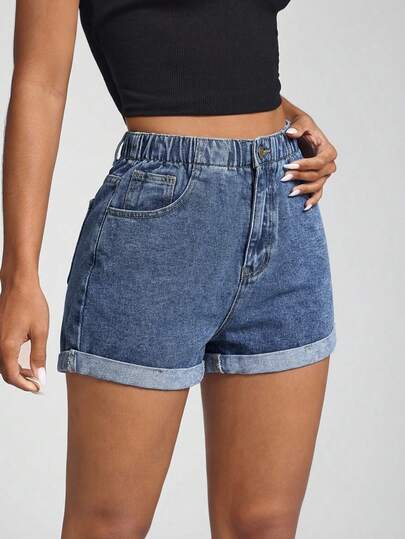 SHEIN Essnce Women's Casual Everyday Pocketed Button Denim Shorts