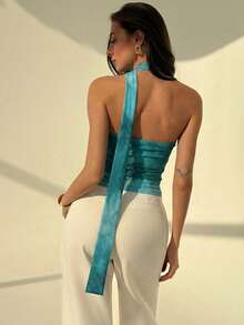 Aloruh 女士优雅浪漫扎染花卉印花荷叶边无肩带上衣 - 彩色 - 查看 2