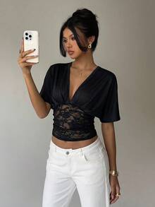 Aloruh Women's Sexy Deep V-Neck Loose Top With Tight Waist Ruched Lace Patchwork T-Shirt, Spring/Summer,Summer Top - Black - View 6