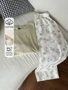 Dazy Plus 2pcs Spring/Summer Homewear Set, Loose Solid Color T-Shirt Top & Floral Line Drawing Print Pajama Pants Sleepwear Suit - Green - View 1