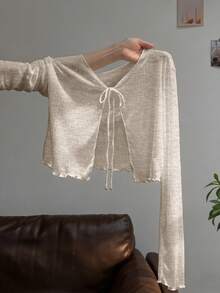 Resyla 蕾丝边吊带连衣裙罩衫，长袖针织披肩，夏季防晒女装 - 摩卡棕 - 查看 1