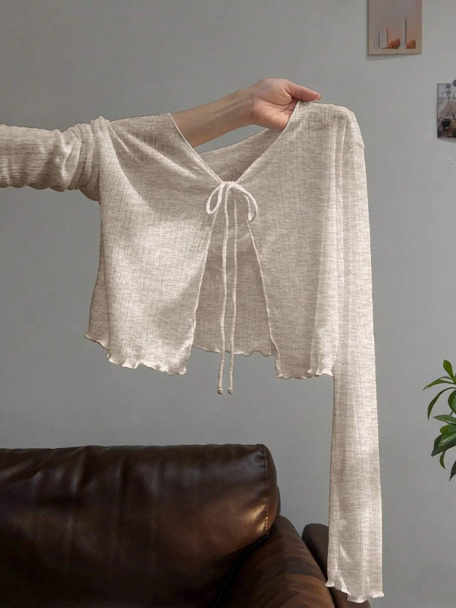 Resyla 蕾丝边吊带连衣裙罩衫，长袖针织披肩，夏季防晒女装 - 摩卡棕 - 查看 1