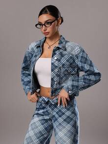 TRNVIE 时尚休闲菱形格纹纽扣牛仔衬衫 - 中等水洗藍 - 查看 4