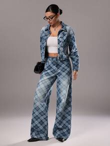 TRNVIE 时尚休闲菱格纹中腰阔腿牛仔裤 - 中等水洗藍 - 查看 4