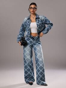 TRNVIE 时尚休闲菱格纹中腰阔腿牛仔裤 - 中等水洗藍 - 查看 6