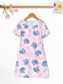 1 Pack Baby Girls' Cute Rabbit Print Short Sleeve Knit Dress Pajamas, Spring/Summer - Pink - View 5