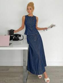 Siren Gaze 女士休闲水洗无袖牛仔露脐上衣 - 深色水洗藍 - 查看 2