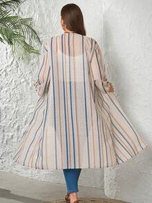EMERY ROSE 大码女式休闲条纹开襟长款开衫 - 杏色 - 查看 2