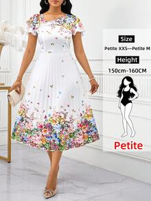 SHEIN Lady Petite Elegantes weißes Blumen Sommerkleid für Frauen, kurzes Trompetenärmel Rundhals Rüschen Midi-Länge Sommerkleid, Brunch Strand Resort Kleidung Hochzeitsgast Party, zierliche Frauen - Verschiedenfarbig - Übersicht 10