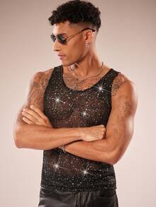 FeverCity Men's Mesh Sheer Glitter Round Neck Sleeveless Tank Top - Black - View 3