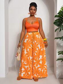 Slaydiva 音乐节度假胜地女士全长印花阔腿裤 - 橘色 - 查看 8