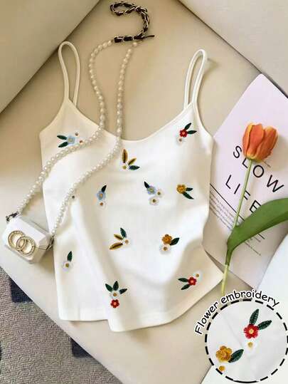 Resyla Camiseta ajustada de mujer de unicolor con parte superior bordada