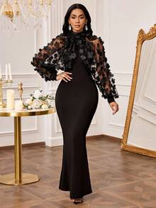 SHEIN Lady Petite Đầm đen dáng nhỏ nhắn dành cho nữ, thêu hình bướm 3D, phối ren, dài ôm sát, kiểu đuôi cá, đầm nhỏ thanh lịch dự tiệc, đầm dự đám cưới cho nữ. - màu đen - Xem 5
