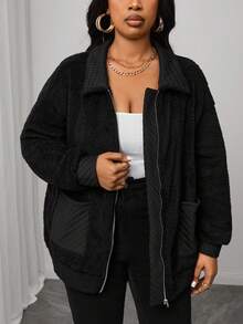 Truni Talla grande Abrigo teddy con doble bolsillo de hombros caídos cremallera - Negro - Ver 4