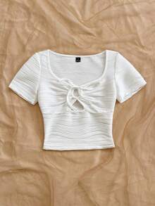 Soleia Vacation Fitted Women T-Shirt, Front Ruched Drawstring, Suitable For Party, Date, Valentine's Day, Easter, Carnival, Afternoon Tea, Beach, Cruise, City Vacation - White - View 3