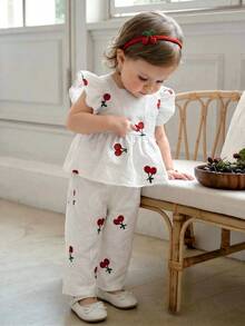 Souflis Souflis 2pcs/Set Baby Girls' Cute Cherry Pattern Vacation Casual Striped Ruffle Sleeve Blouse And Pants Set, Spring/Summer - Multicolor - View 6