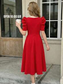SHEIN Vestido casual para niña preadolescente de unicolor tejido con cuello de corazón y mangas gigot - Negro - Ver 7