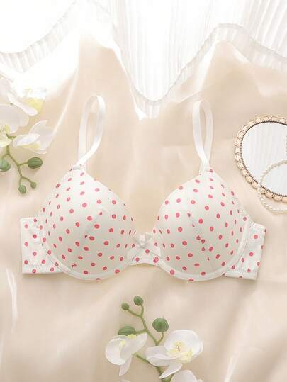 粉色，带钢圈，模杯，高支撑，提拉塑形，波点图案，可爱优雅女士文胸
