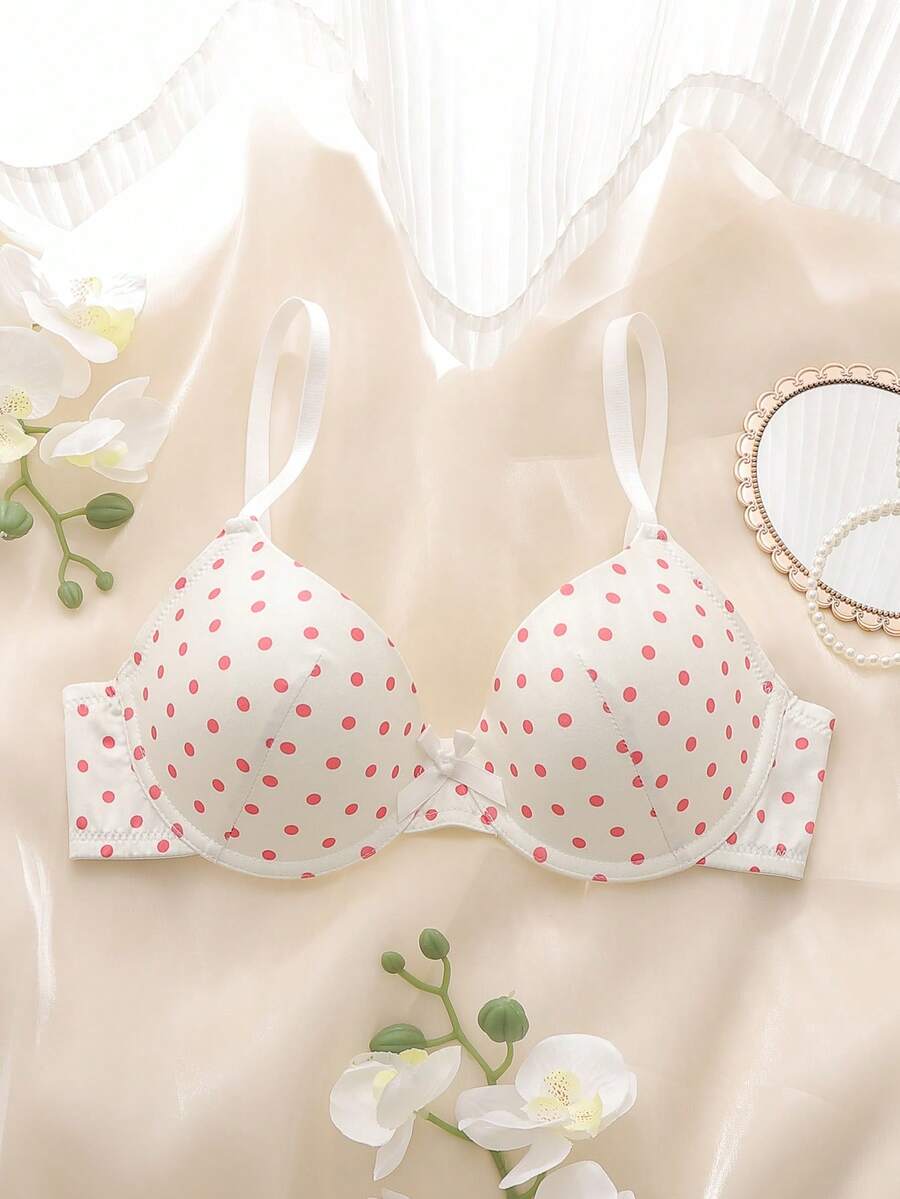 粉色，带钢圈，模杯，高支撑，提拉塑形，波点图案，可爱优雅女士文胸 - 粉色 - 查看 1