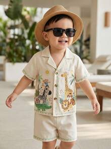 Souflis Souflis 男婴休闲卡通动物印花短袖短裤套装，适合外出、居家休闲和派对穿着 - 彩色 - 查看 9
