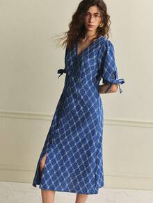 Écloséra 女士优雅V领印花格纹开衩系带腰身中长连衣裙，春夏款 - 藍色 - 查看 5